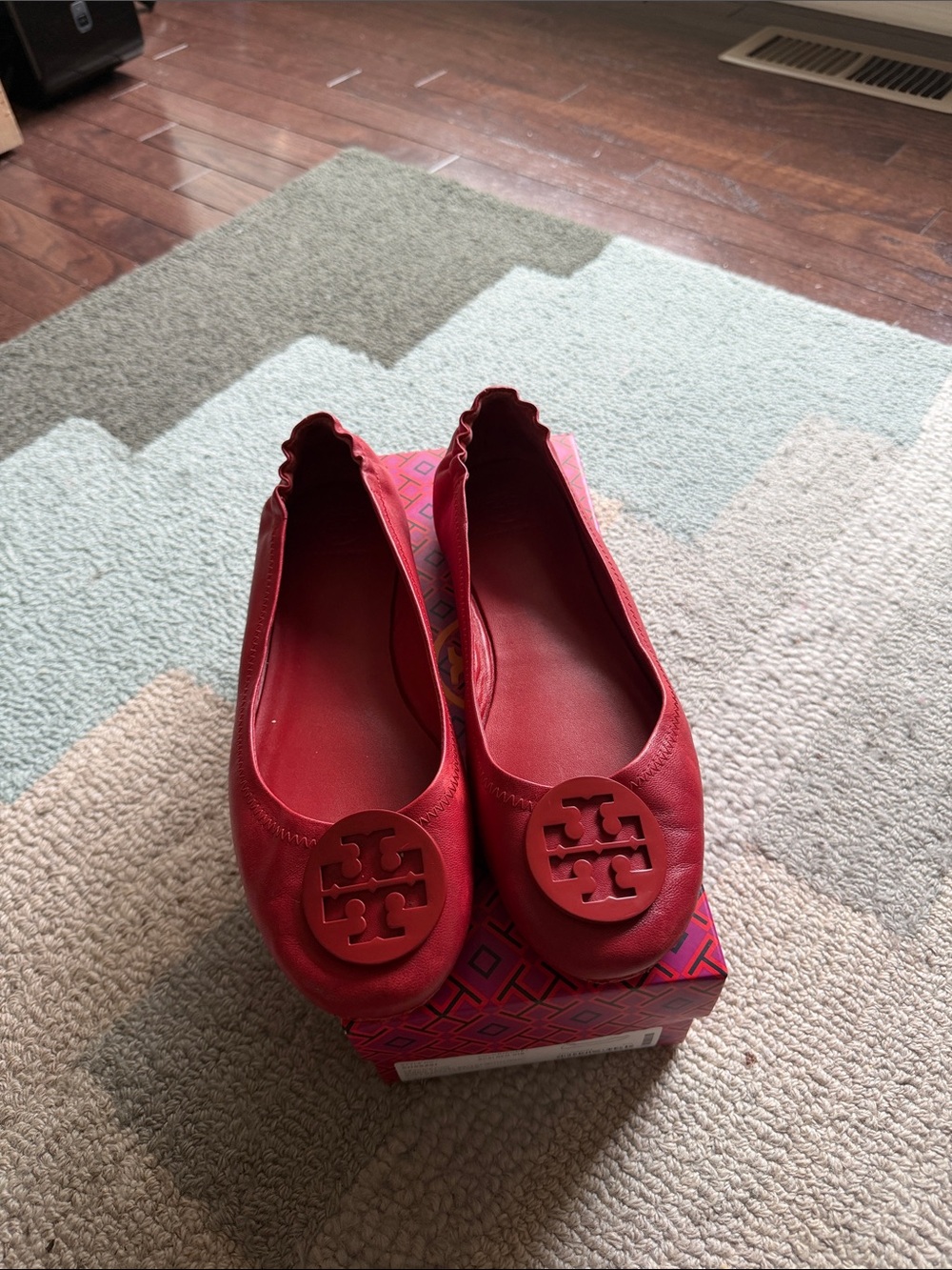 Tory Burch Minnie Travel Ballet Flats in Acai Red and Magenta Pattern